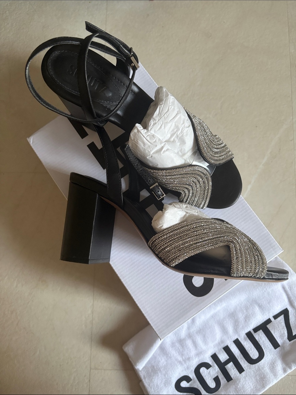 BRAND NEW! SCHUTZ Black Sandal Heels with Silver Beaded Detail